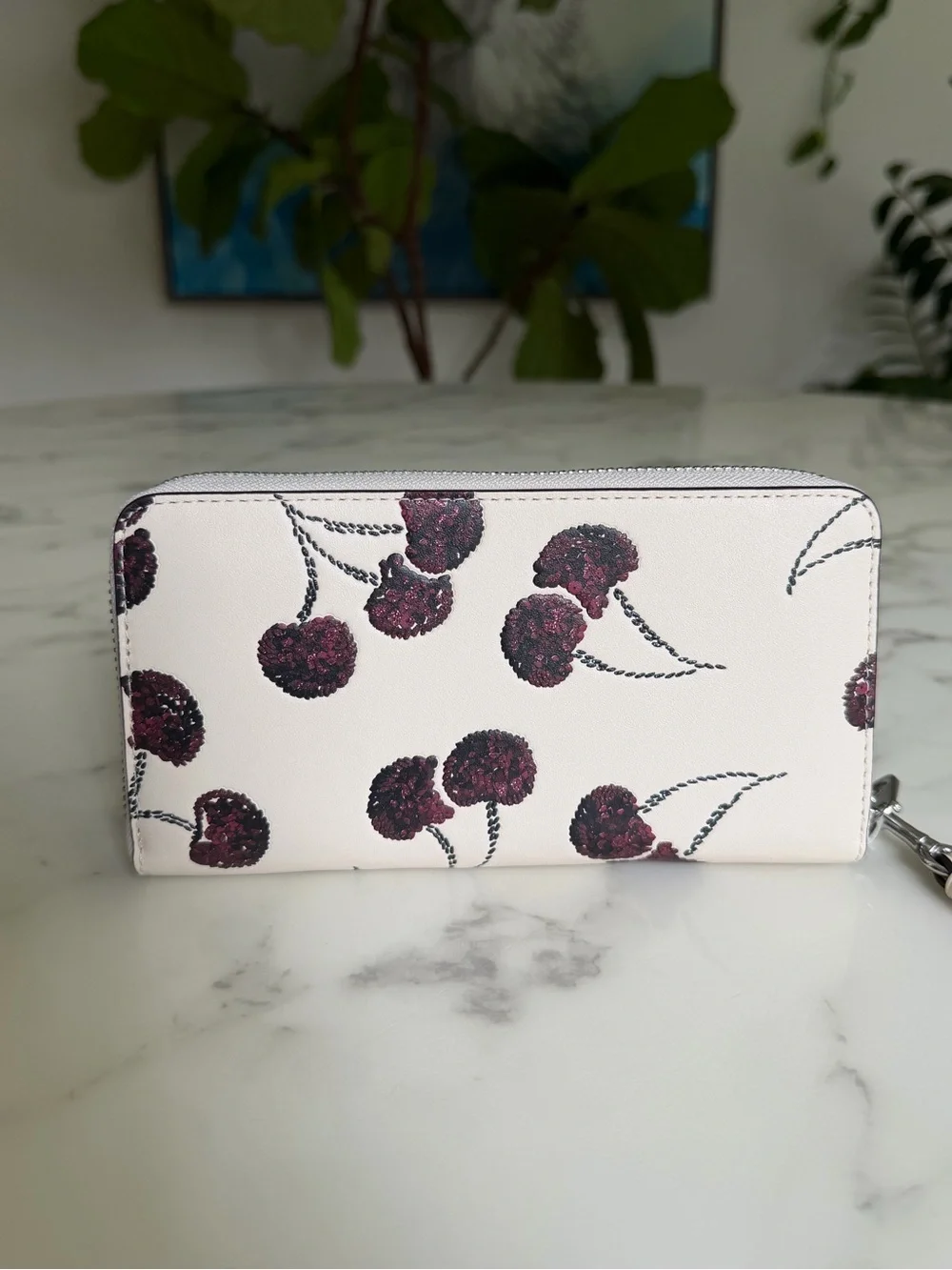 NWT Coach Long Zip Around Wallet With Cherry Print Chalk Leather CDE92